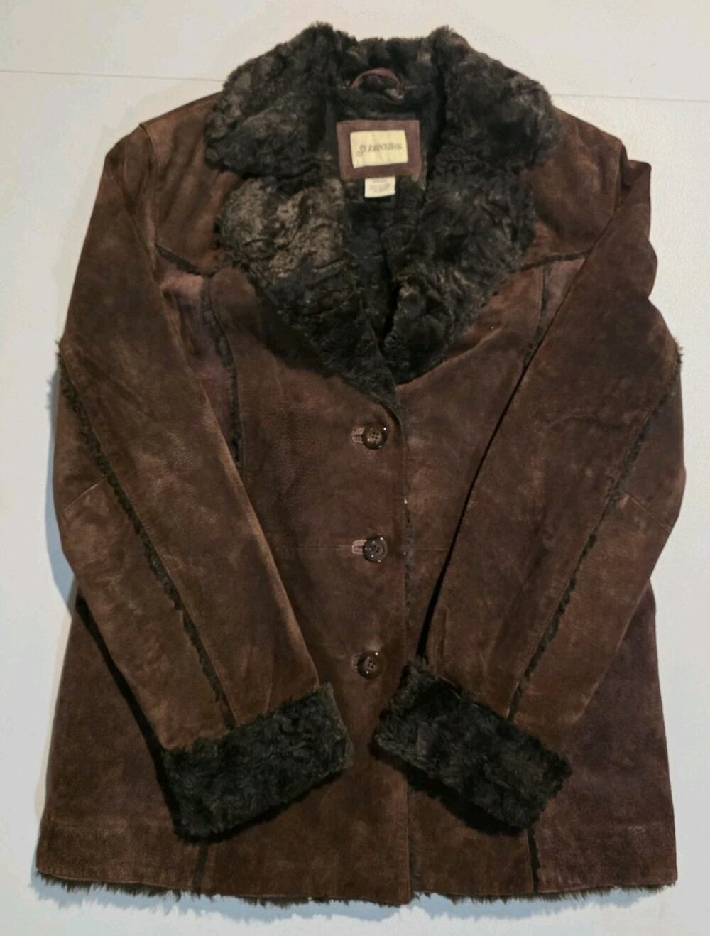 St. Johns Bay Ladies Leather Suede Button Down Jacket Faux Fur Lined Vintage EUC